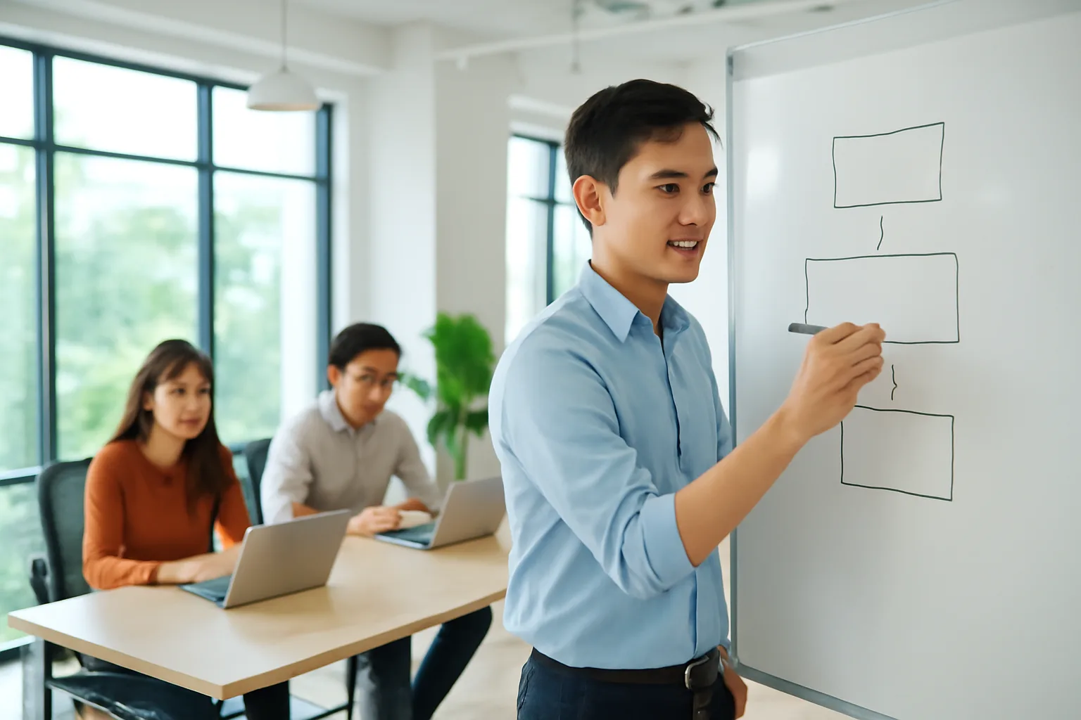Nhân viên văn phòng trẻ ghi sơ đồ lên bảng trắng trong phòng làm việc chung sáng sủa