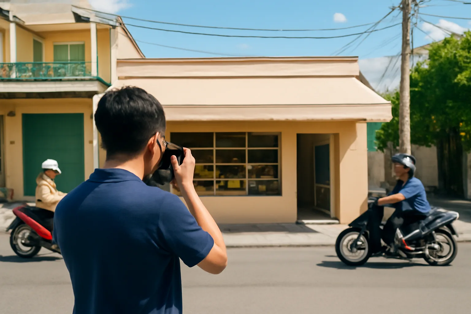 Người đàn ông đứng bên kia đường chụp mặt tiền một tiệm bánh nhỏ bằng điện thoại