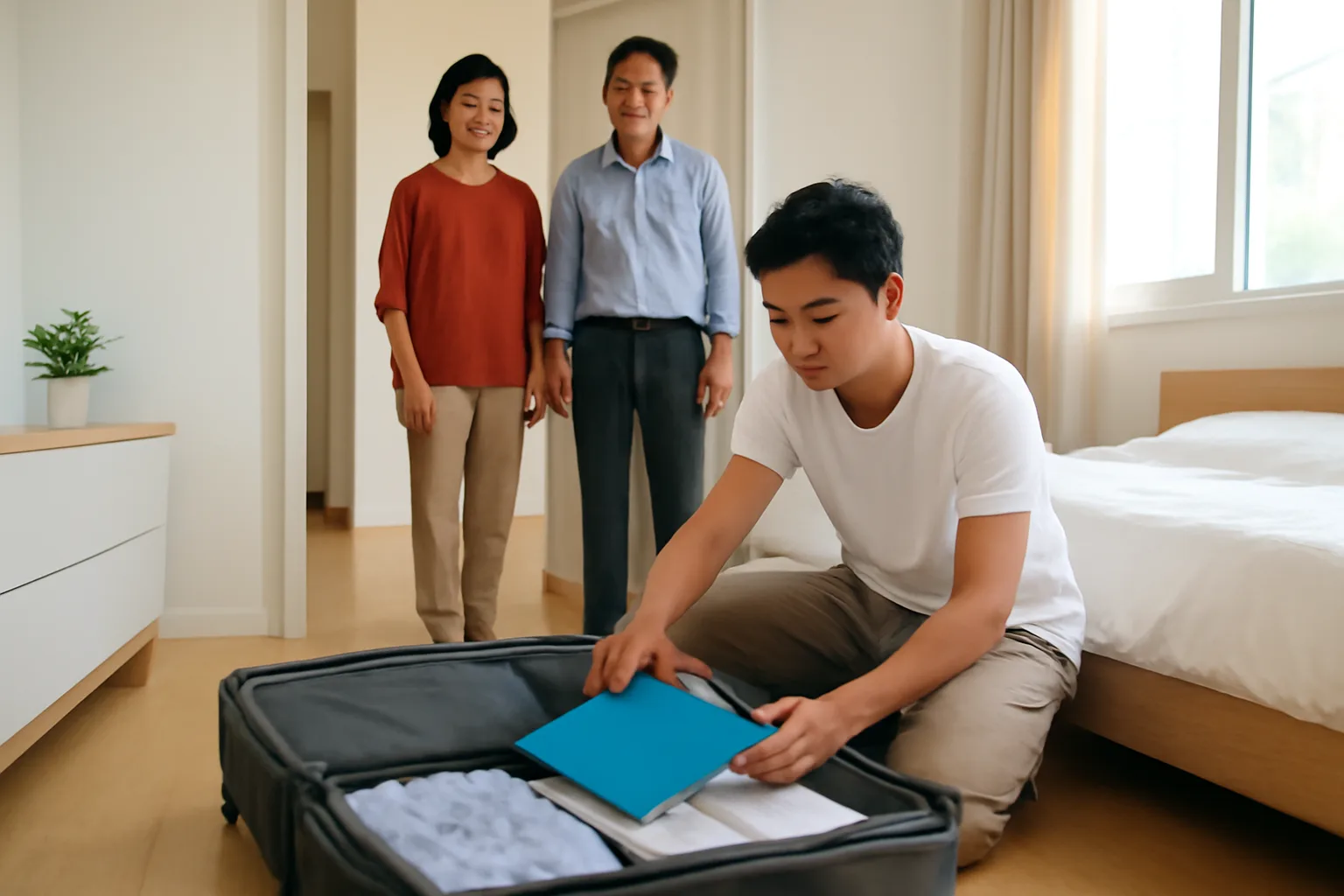 Chàng trai trẻ xếp hành lý, cho cặp hồ sơ vào vali trong phòng ngủ, cha mẹ đứng ở cửa