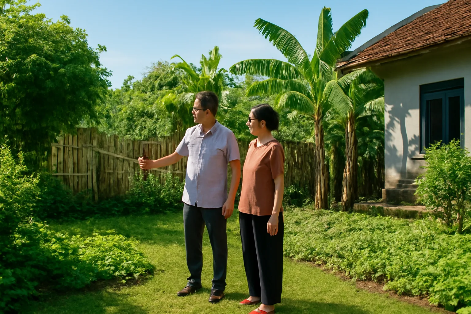 Hai vợ chồng đứng giữa mảnh vườn cạnh nhà ở nông thôn, nhìn về phía hàng rào tre