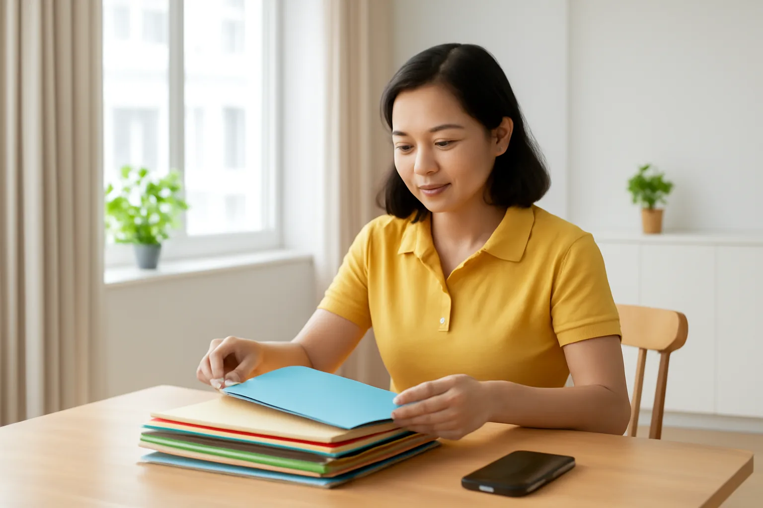 Người phụ nữ trung niên xem lại xấp giấy tờ cá nhân bên bàn ăn trong căn hộ sáng sủa