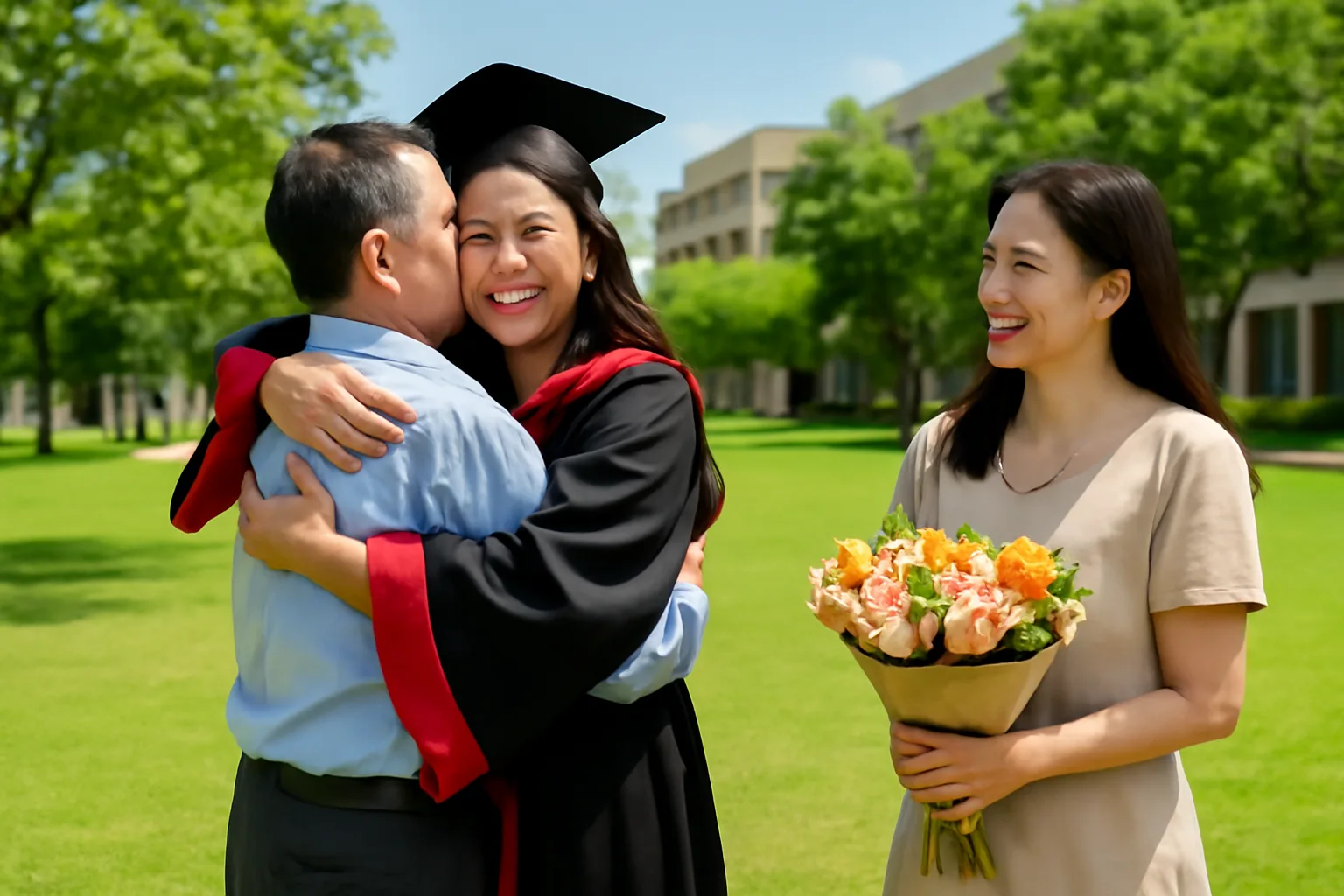 Cô gái mặc áo cử nhân ôm cha trên bãi cỏ sân trường, mẹ cầm bó hoa bên cạnh