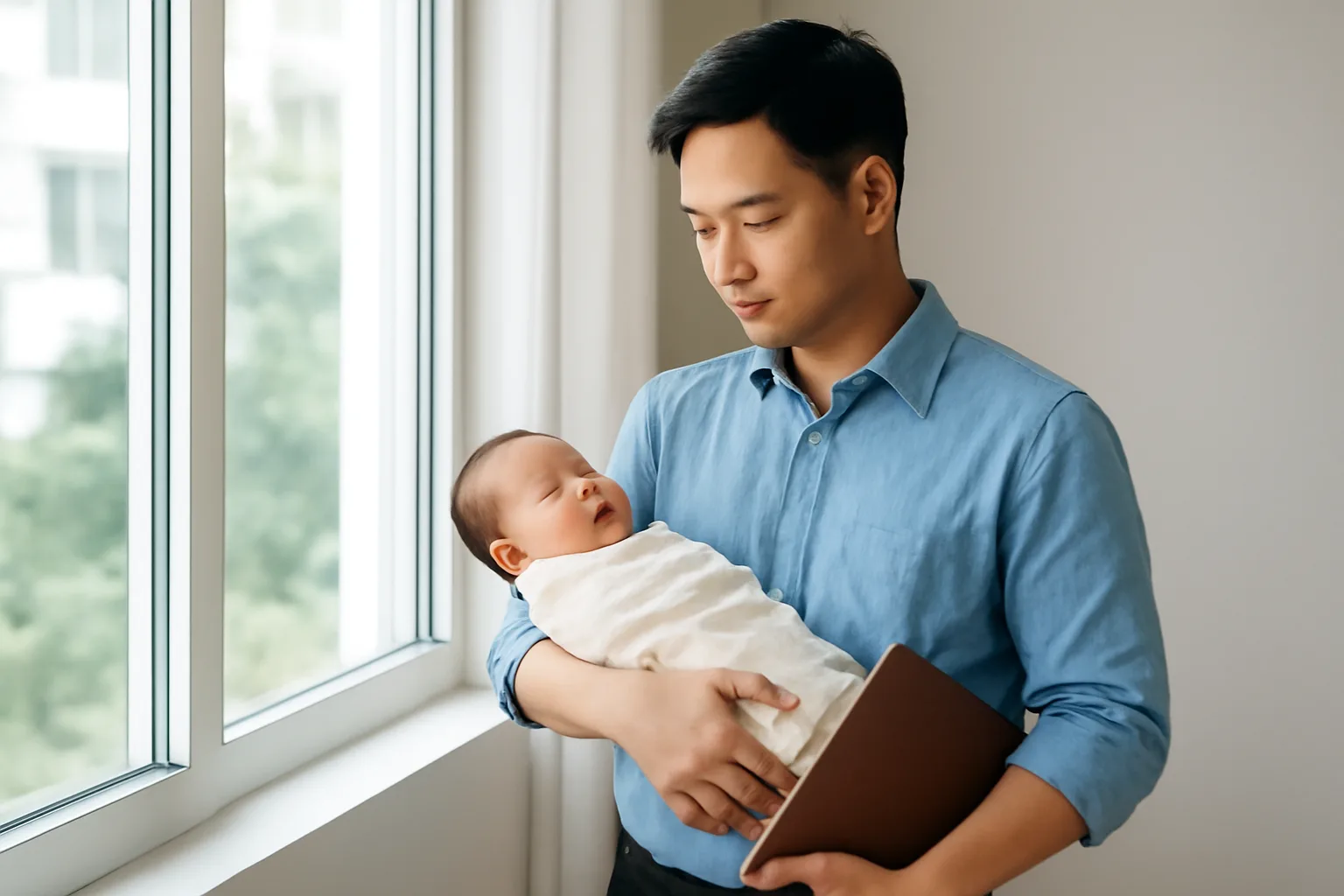 Người cha trẻ bế con sơ sinh bên cửa sổ, tay kia cầm tập giấy tờ khai sinh