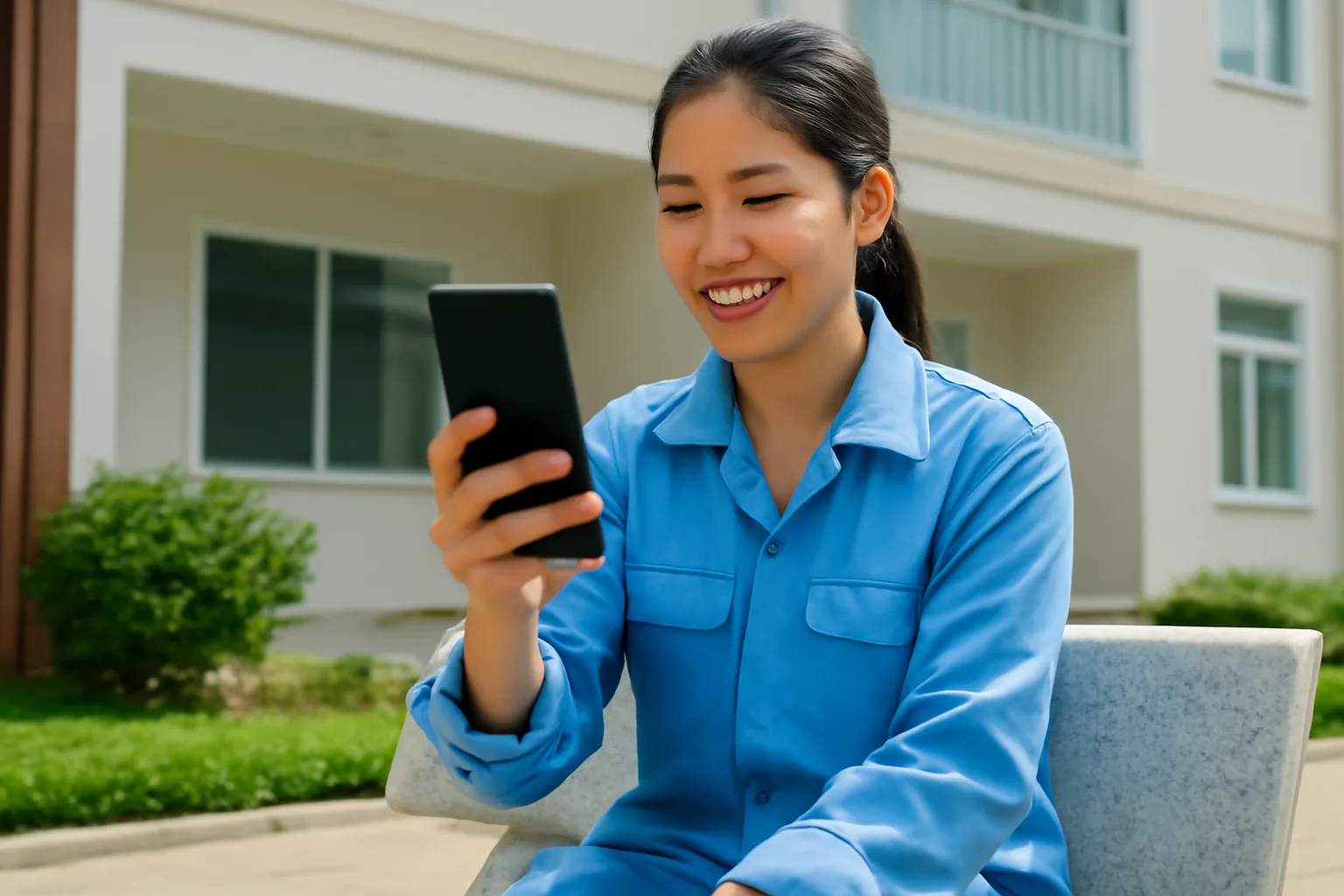 Nữ công nhân mặc đồng phục xưởng ngồi ở ghế đá khu nhà trọ, gọi video cho con qua điện thoại
