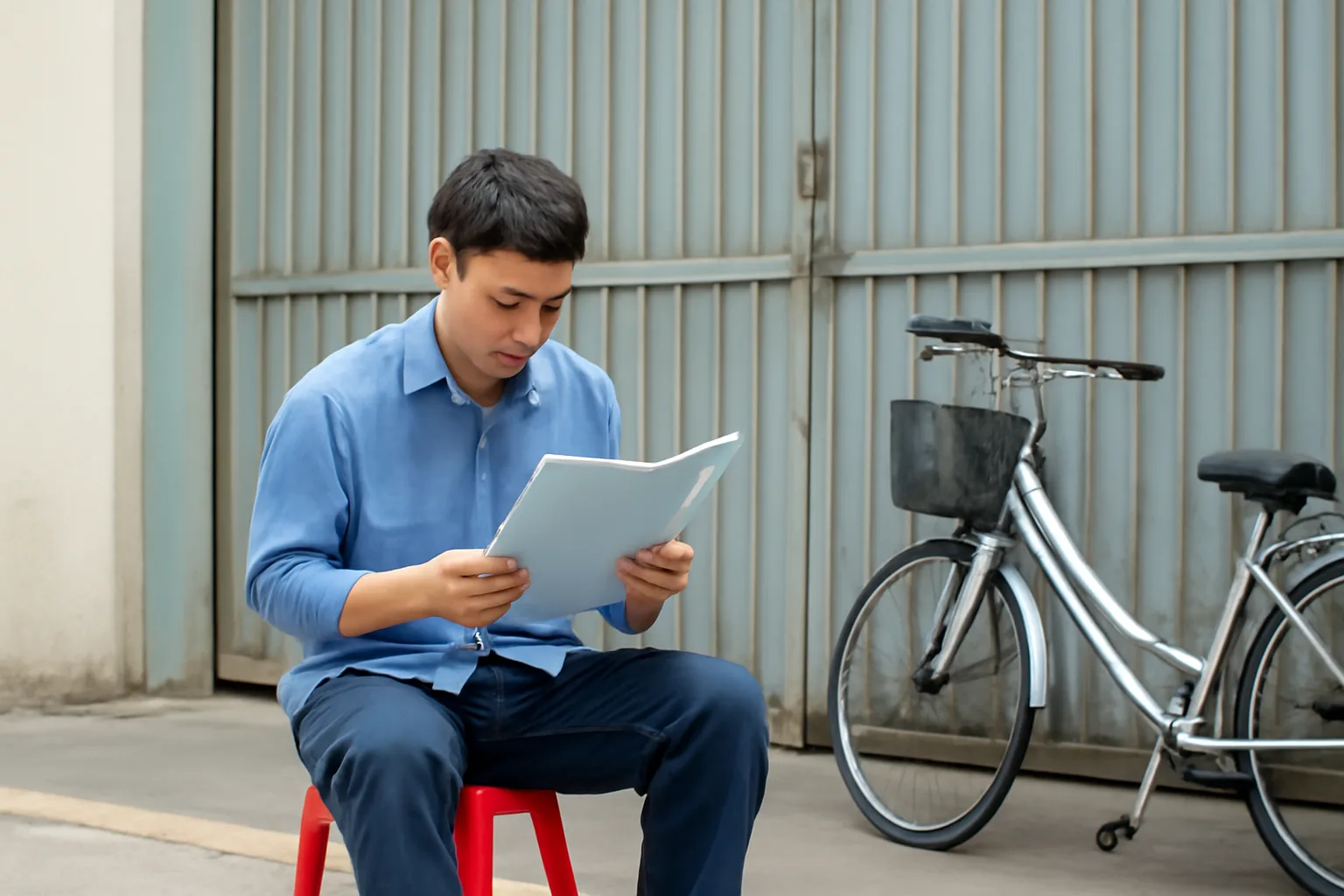 Công nhân trẻ ngồi ghế nhựa trước cổng xưởng đã đóng, xem xấp phiếu lương trong cặp