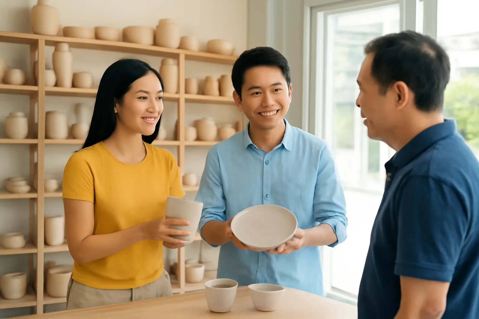 Hai người trẻ khởi nghiệp giới thiệu mẫu sản phẩm cho khách hàng trong xưởng nhỏ sáng sủa