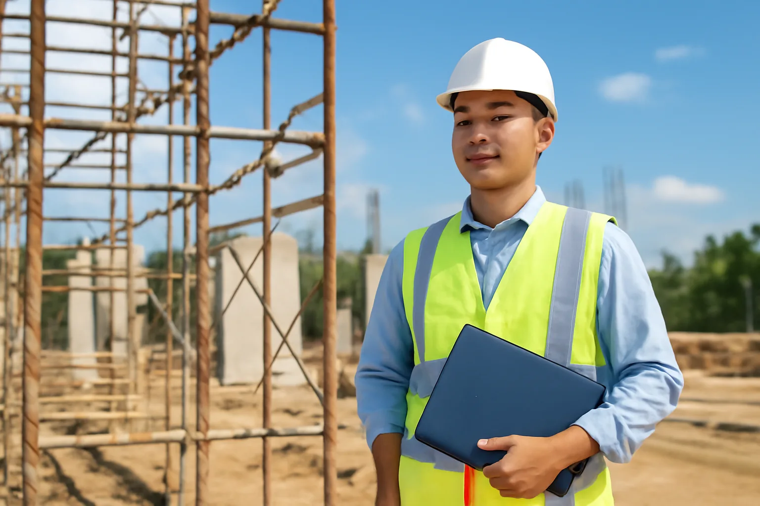 Kỹ sư công trường đội mũ bảo hộ đứng cạnh giàn giáo, cầm cặp hồ sơ và điện thoại