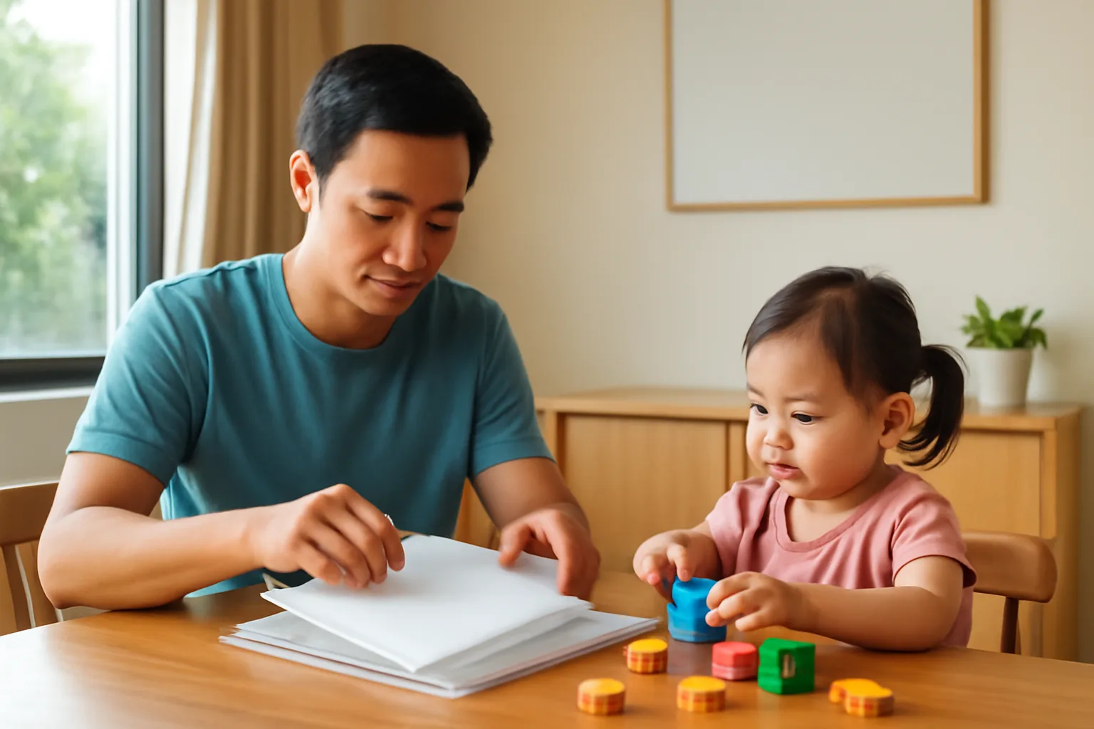 Người cha trẻ ngồi ở bàn ăn buổi tối, xếp giấy tờ của con vào túi hồ sơ, con nhỏ chơi bên cạnh
