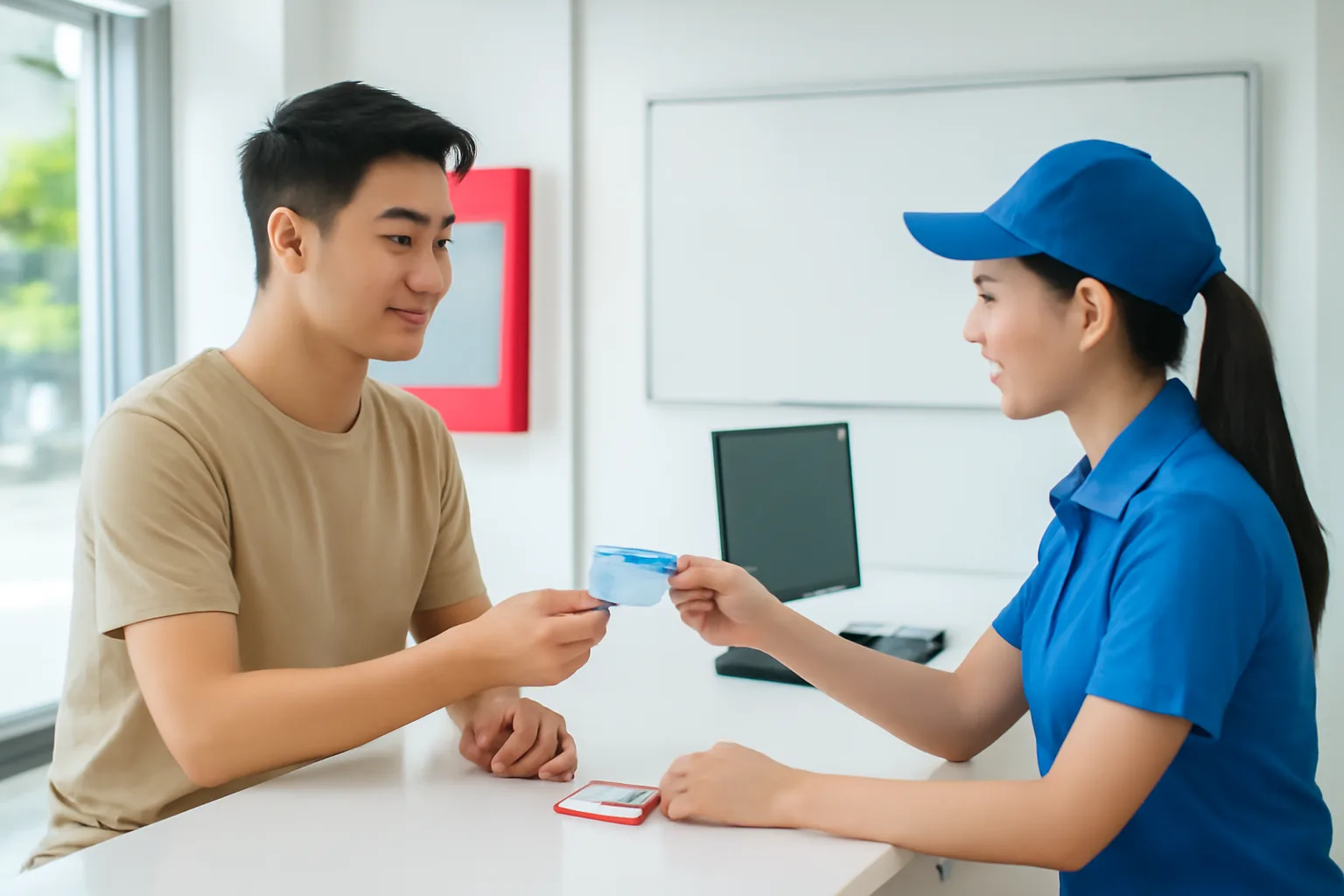 Người đàn ông trẻ đứng ở quầy giao dịch nhà mạng, đưa thẻ căn cước cho nhân viên