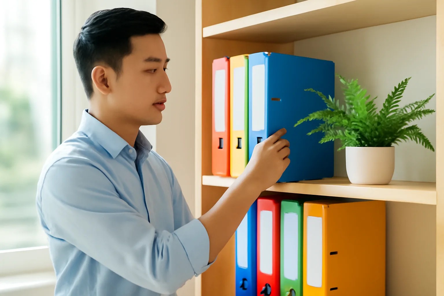 Nhân viên kế toán cập nhật danh sách khách hàng, bên cạnh là tập hồ sơ đối tác vừa gửi thông báo đổi tên