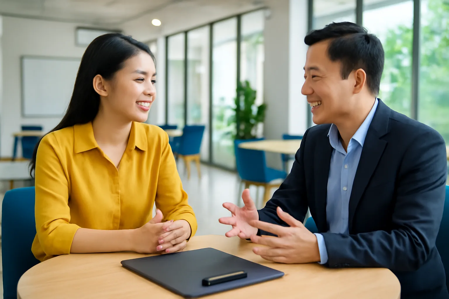 Hai người đại diện doanh nghiệp trao đổi bên bàn họp với bản hợp đồng úp và cây bút