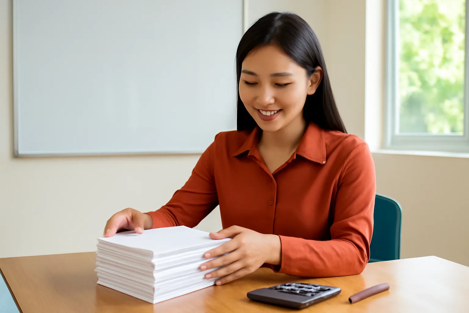 Cô giáo trẻ ngồi bàn gỗ trong phòng học nhỏ, xếp các tập vở và đặt máy tính bỏ túi bên cạnh
