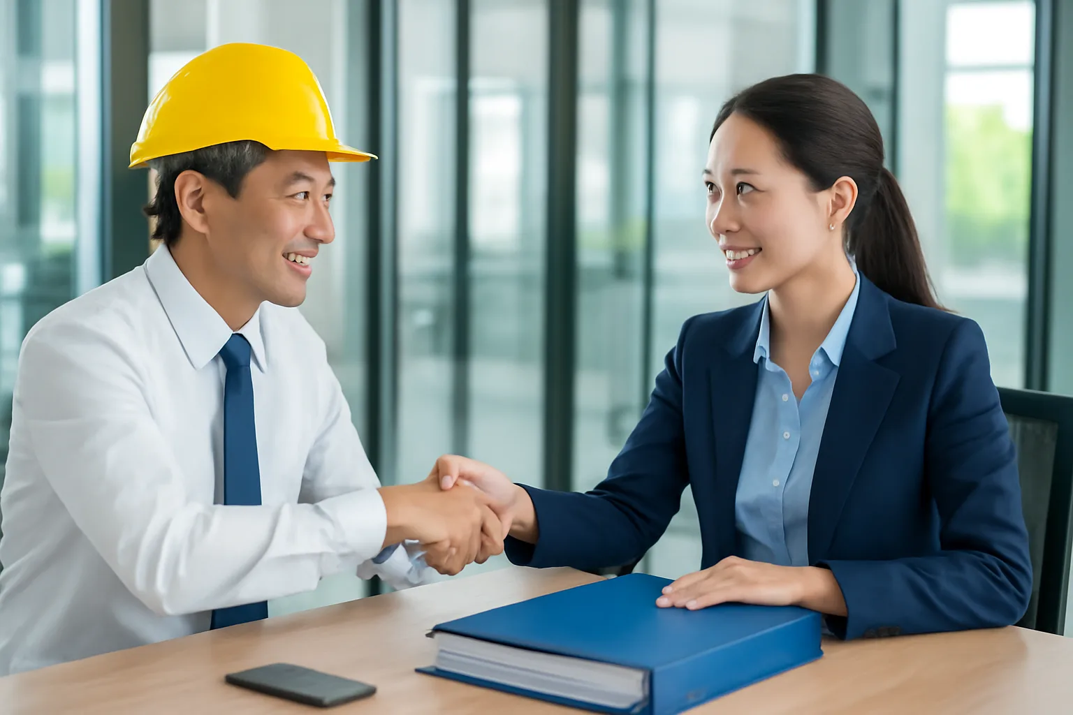 Giám đốc công ty xây dựng và cán bộ ngân hàng bắt tay qua bàn có cặp hồ sơ dày