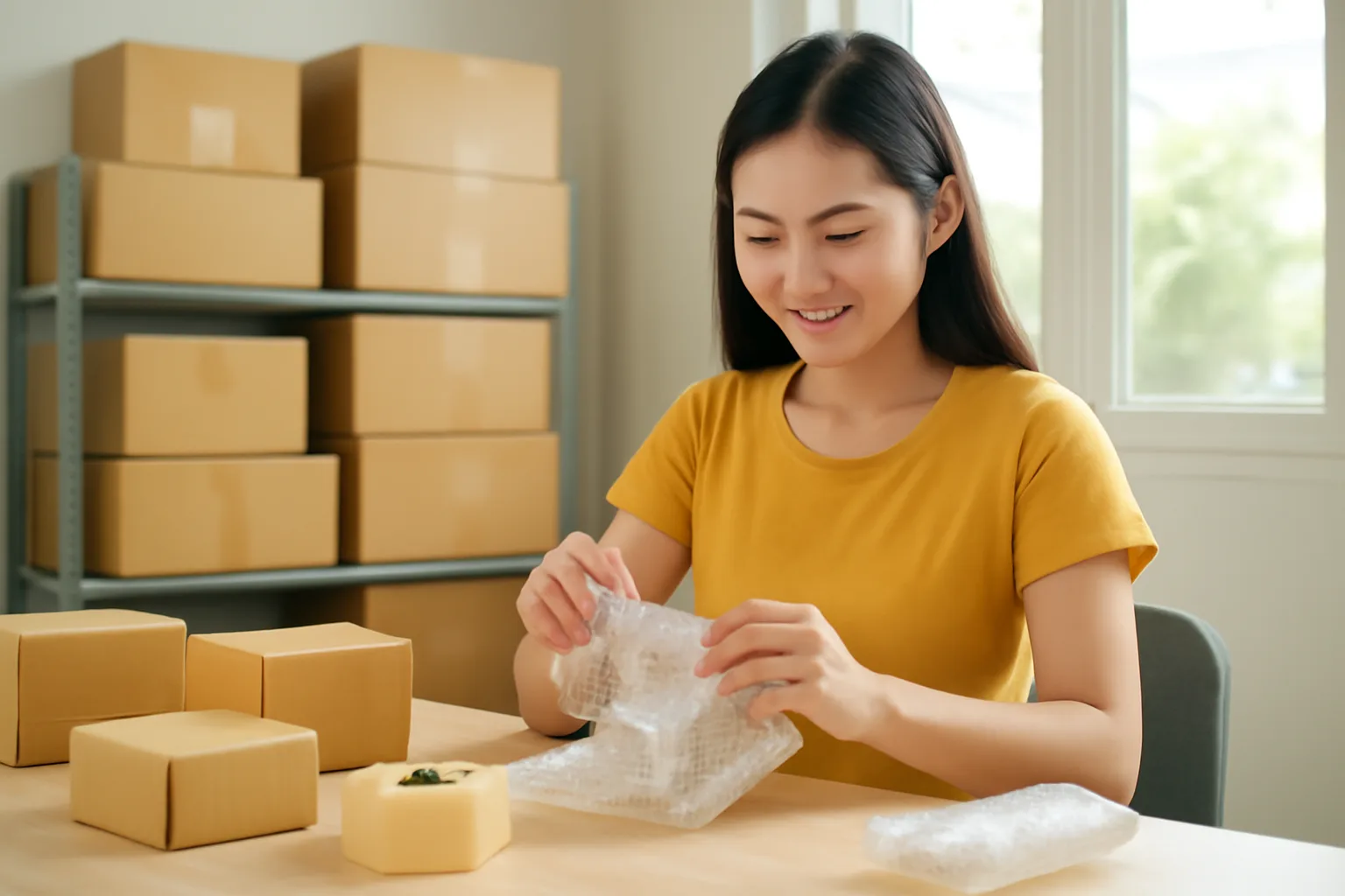 Chủ cửa hàng trực tuyến đóng gói đơn hàng mỹ phẩm trên bàn dài trong căn phòng nhỏ