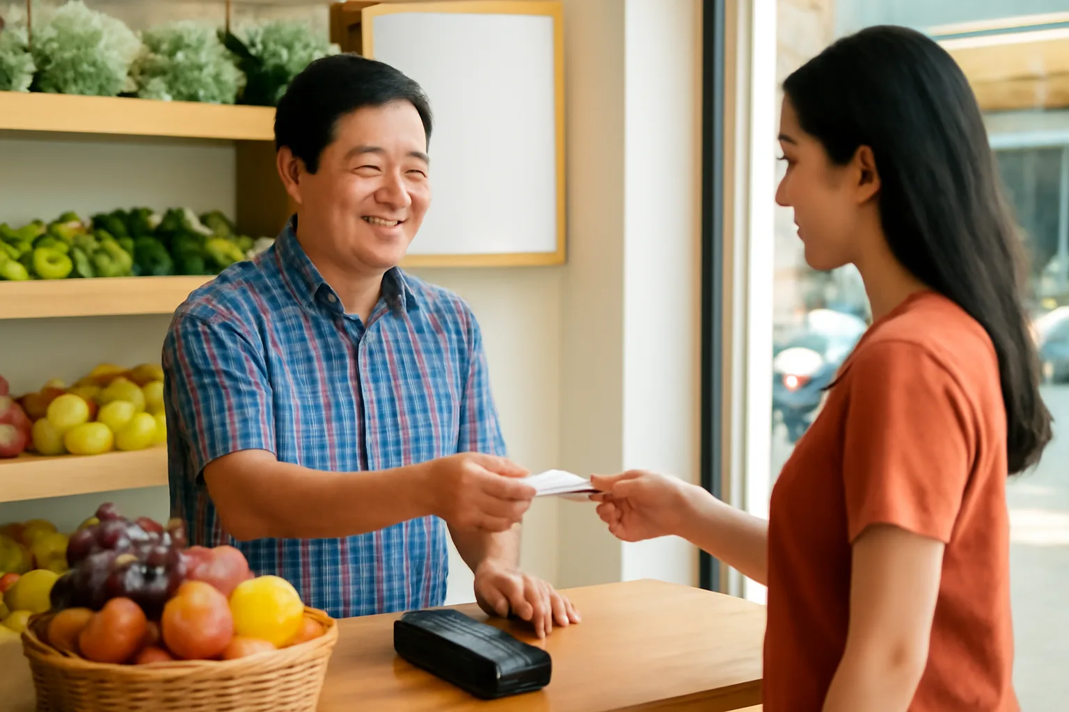 Chủ tiệm tạp hoá đưa hoá đơn cho khách bên máy thanh toán thẻ tại quầy