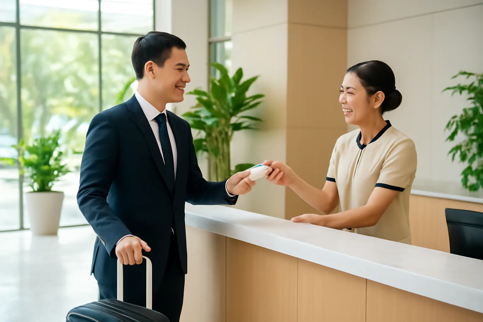 Nhân viên kinh doanh kéo vali nhận hoá đơn tại quầy lễ tân khách sạn vào buổi trưa