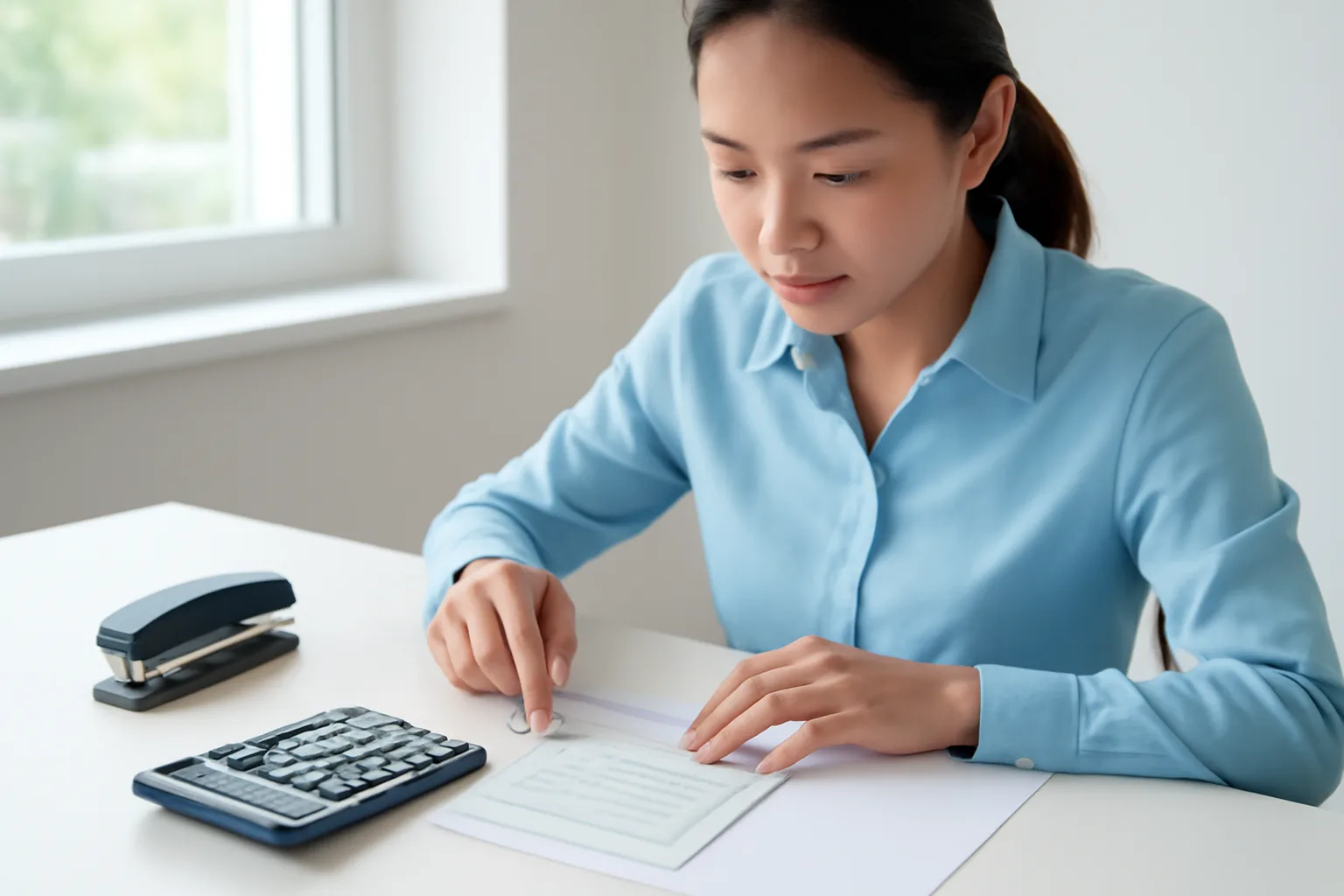 Nhân viên kế toán ghép từng tờ chứng từ ngân hàng với hoá đơn trên bàn làm việc gần cửa sổ