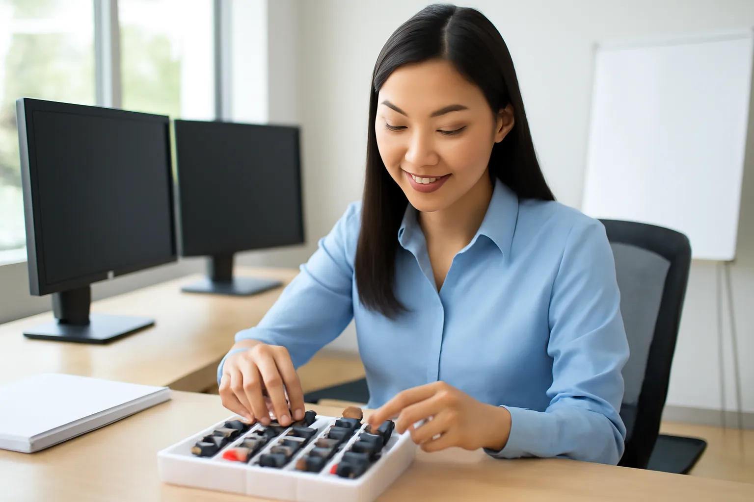 Nữ kế toán ngồi trước hai màn hình tắt, trên bàn là hộp đựng nhiều thiết bị chữ ký số dán nhãn màu