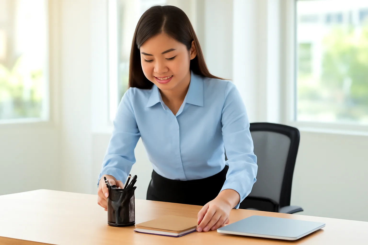 Nữ kế toán trẻ sắp xếp bàn làm việc mới trong ngày đầu nhận việc ở văn phòng sáng sủa