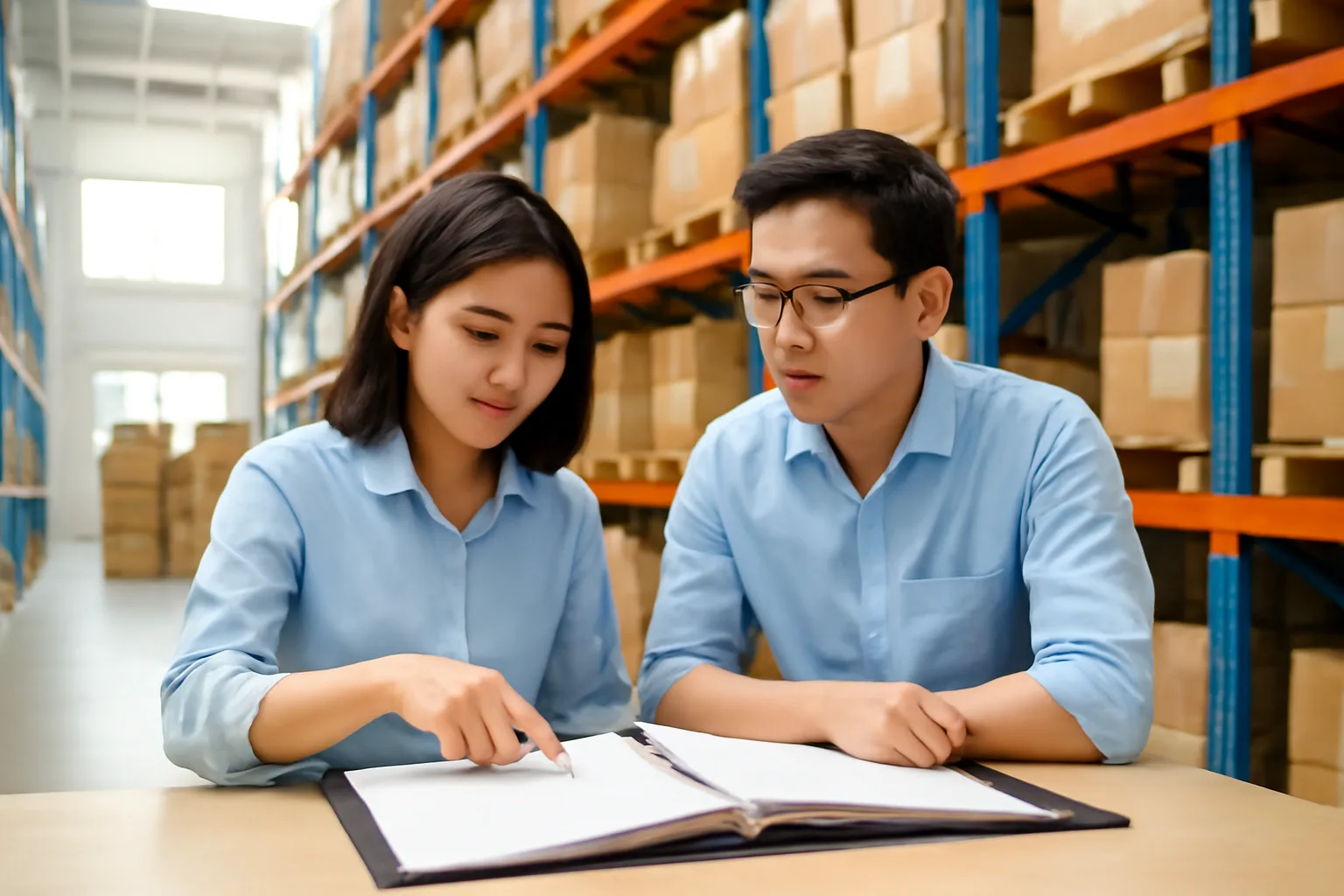 Hai nhân viên mua hàng đứng cạnh bàn cao trong kho, một người chỉ vào tập hồ sơ nhà cung cấp