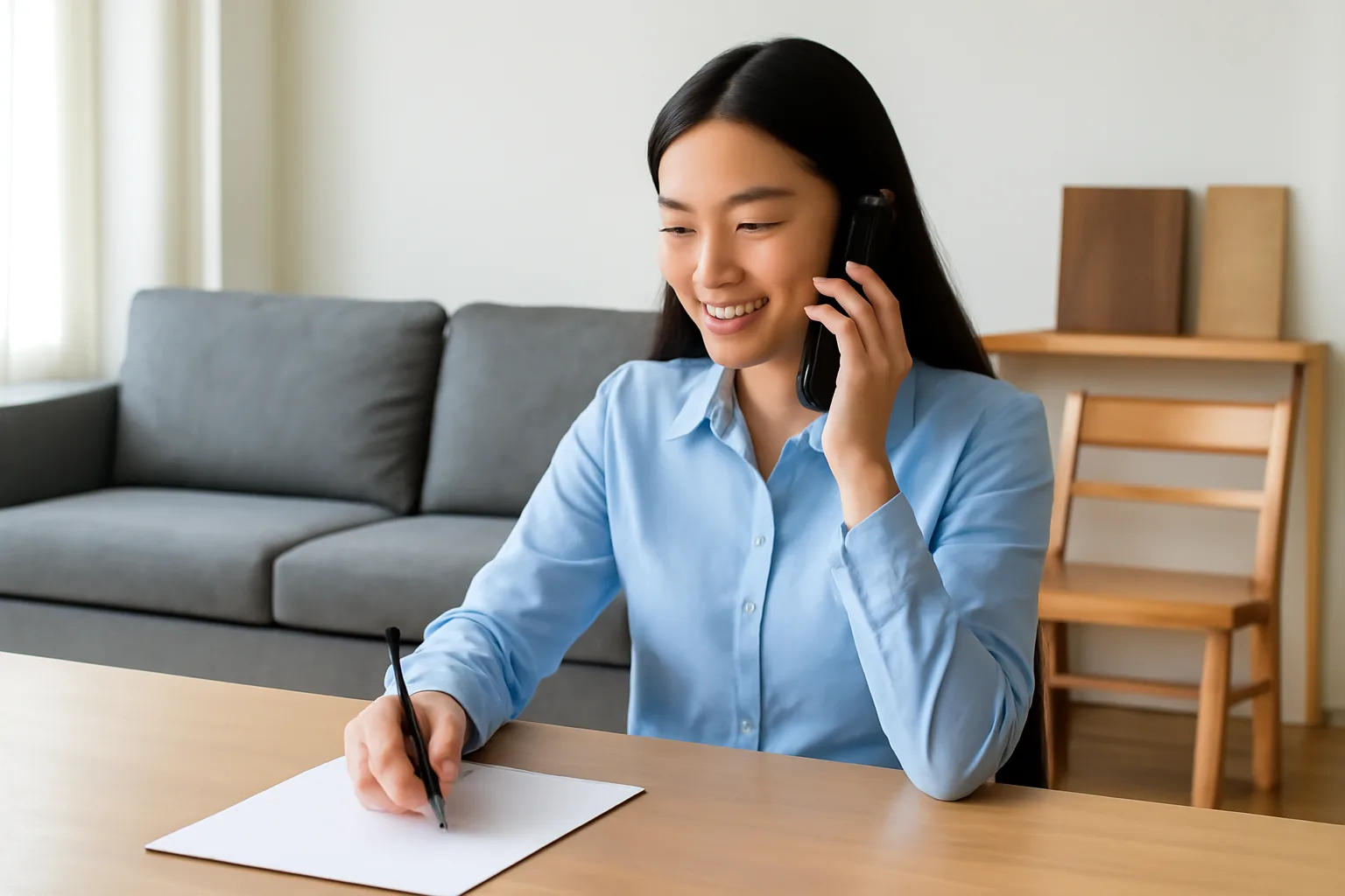 Nhân viên bán hàng ở phòng trưng bày nội thất nghe điện thoại, tay cầm bút bên tờ đơn hàng trống