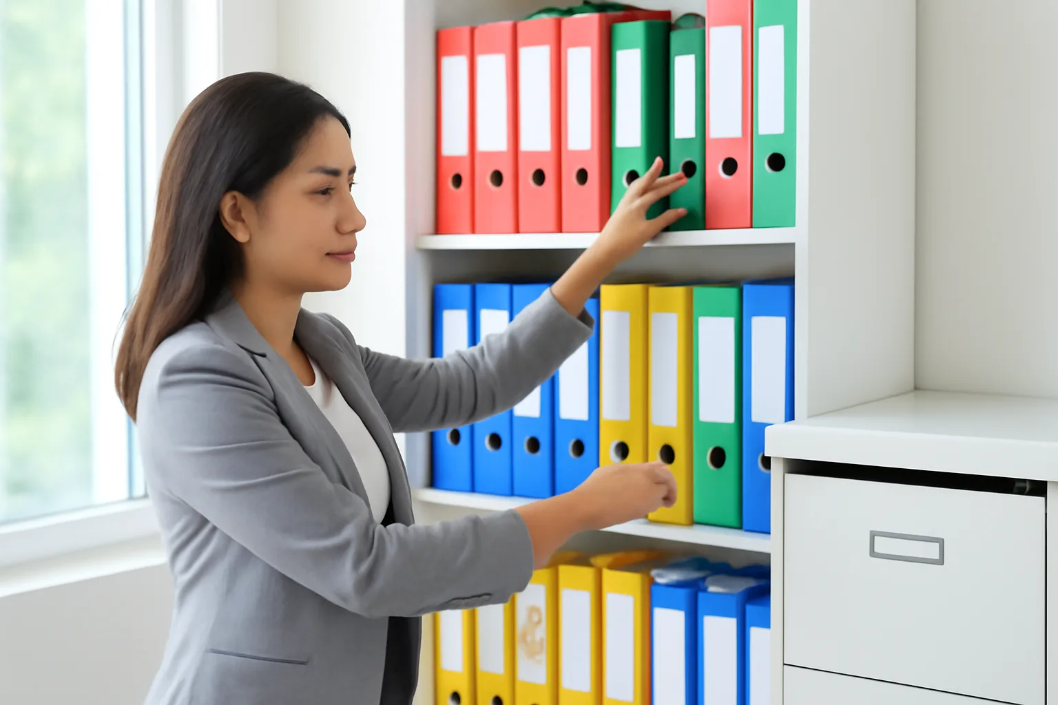 Nữ kế toán trưởng đứng bên tủ hồ sơ, xếp các bìa hồ sơ theo quý trên kệ