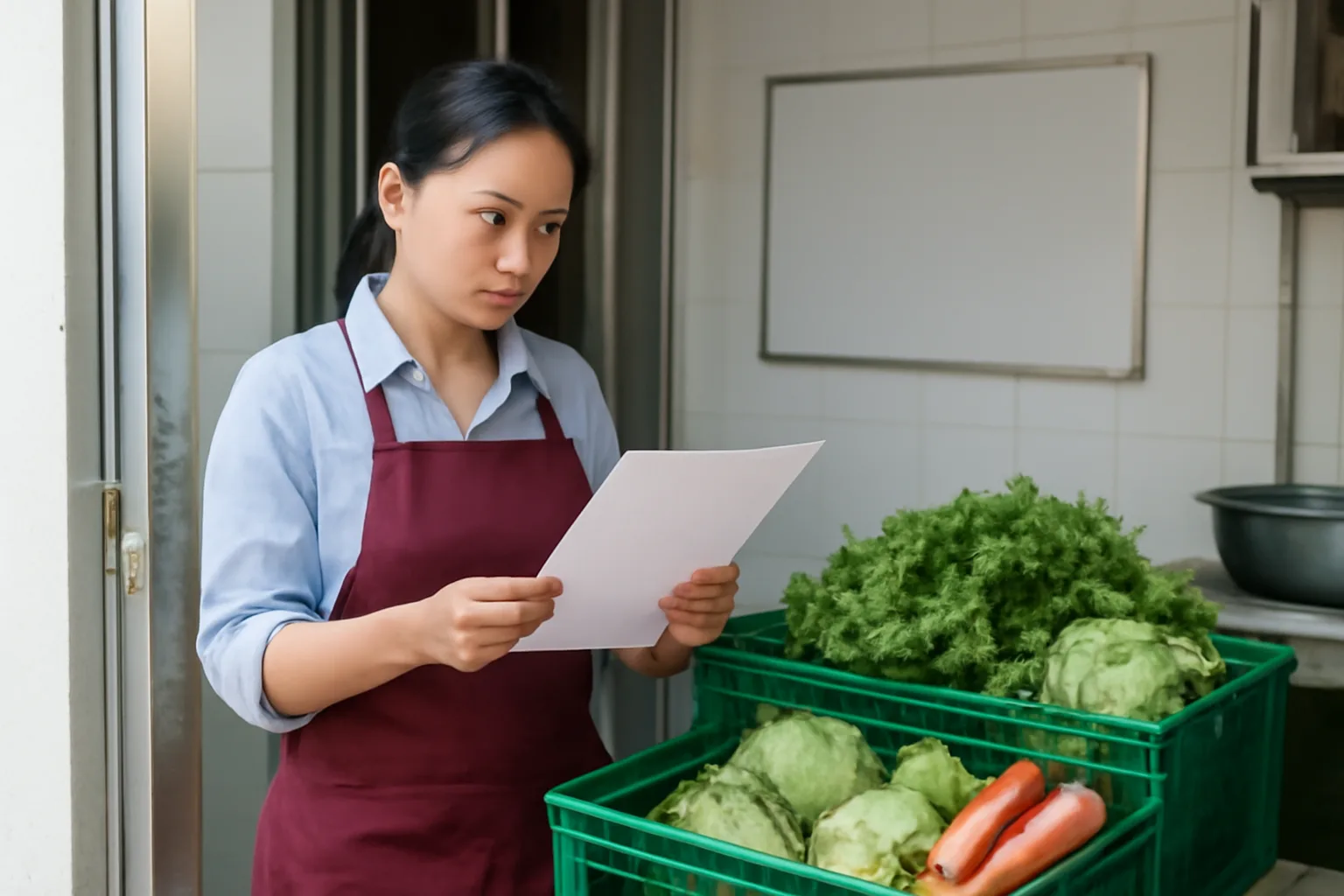 Kế toán nhà hàng kiểm tra xấp hoá đơn đầu vào bên quầy bếp sau giờ nhận hàng