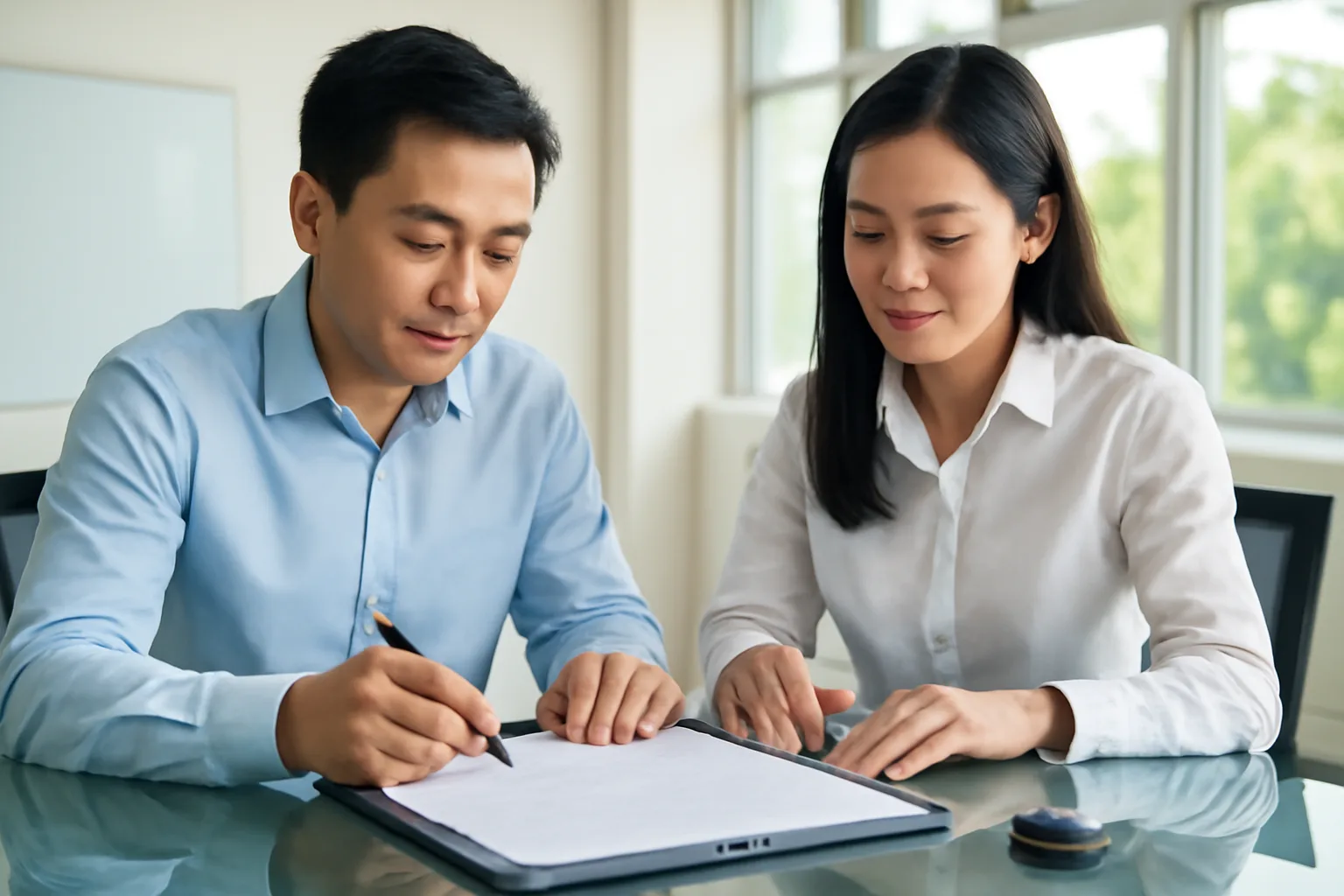 Hai người trao đổi hồ sơ hợp đồng trong phòng họp nhỏ có cửa kính nhìn ra khu văn phòng