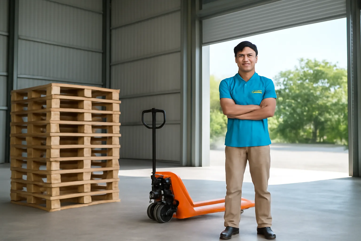 Chủ đại lý đứng trong kho hàng trống, nhìn các pallet gỗ chờ lô hàng đầu tiên