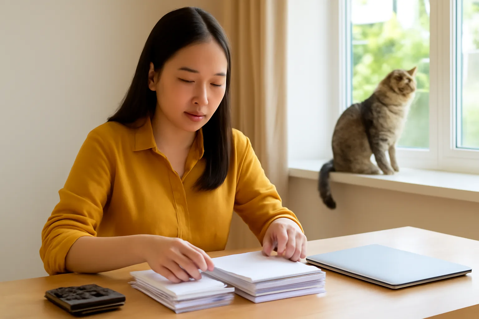 Nhà thiết kế tự do ngồi ở bàn làm việc tại nhà với ba xấp phong bì và máy tính bỏ túi
