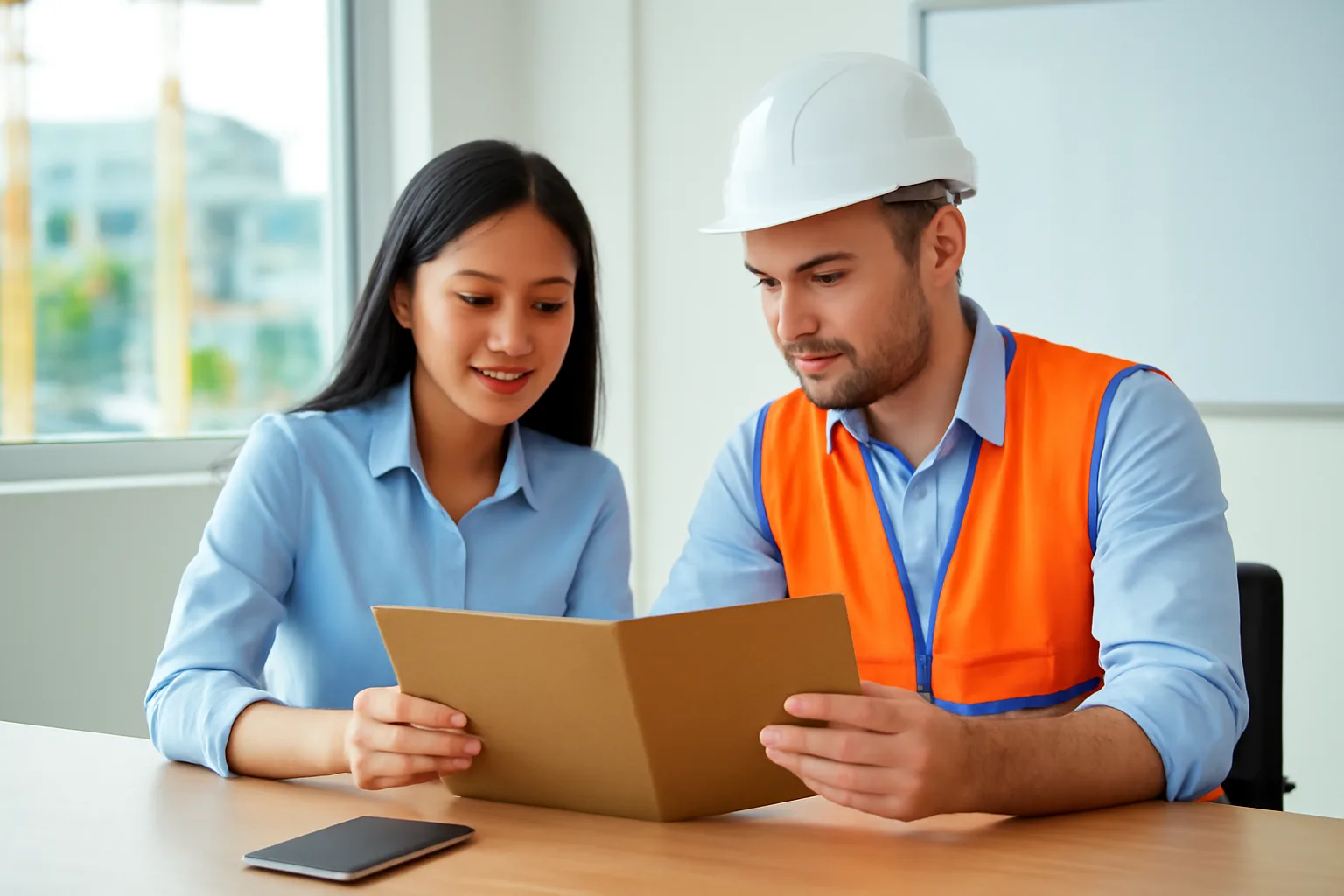 Chuyên viên nhân sự và một kỹ sư nước ngoài cùng xem tập hồ sơ cá nhân trong phòng họp nhỏ
