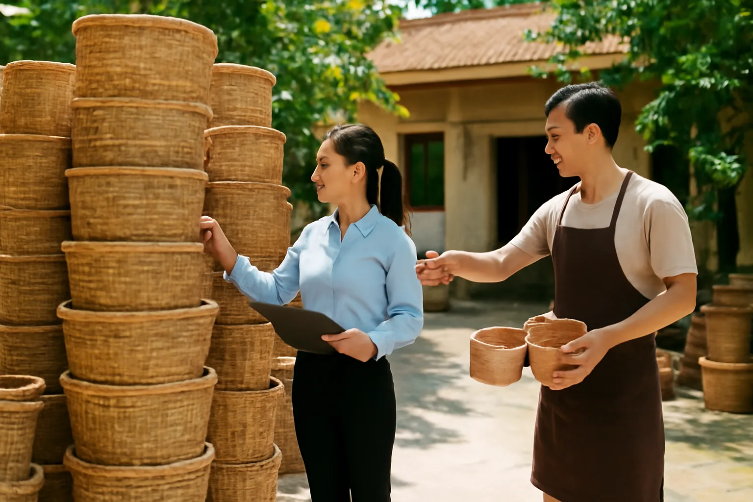 Nhân viên thu mua kiểm tra chồng giỏ mây tại xưởng thủ công gia đình, chủ xưởng chỉ tay giới thiệu