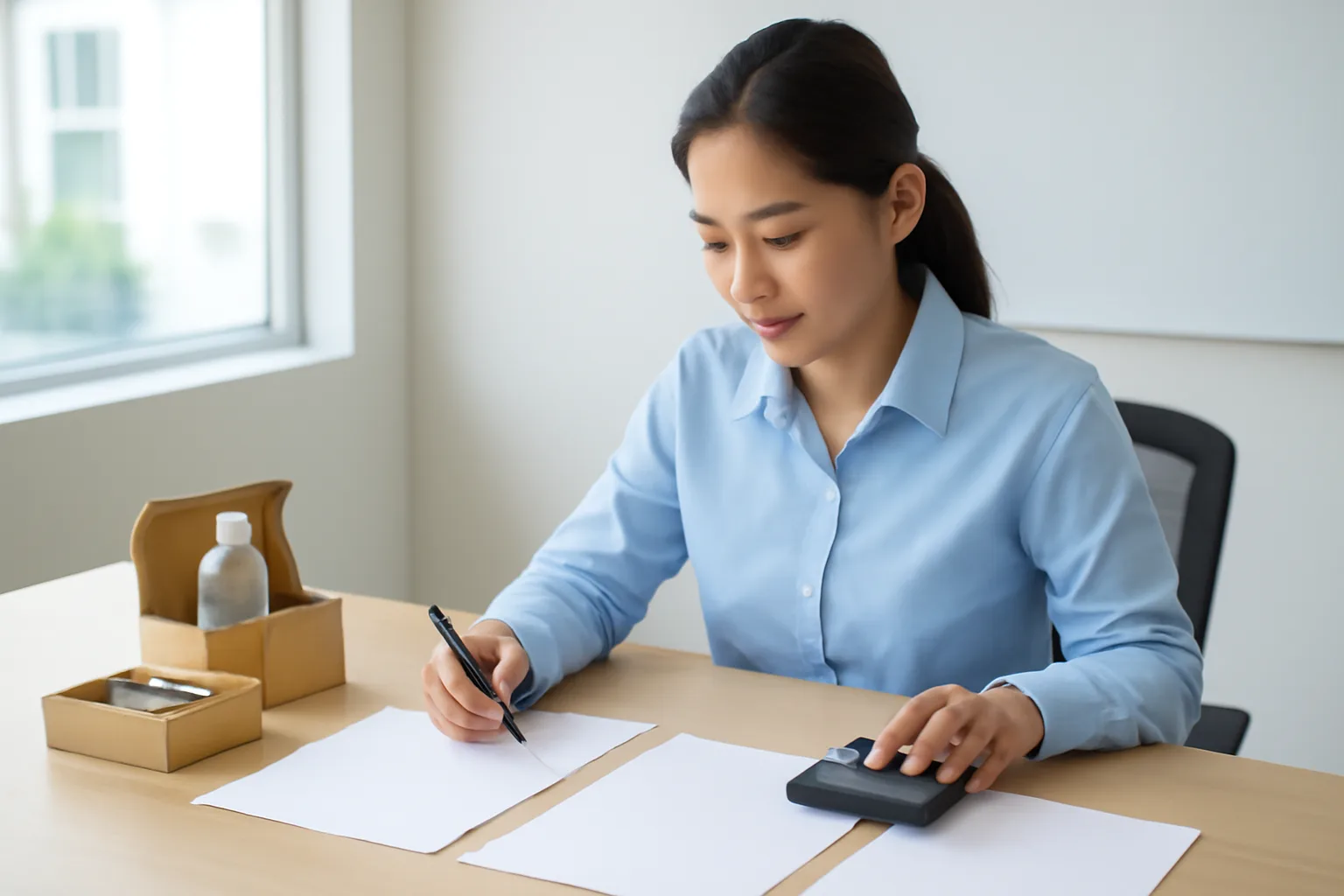 Nhân viên mua hàng đặt ba bảng báo giá trơn cạnh nhau trên bàn, cầm bút so sánh