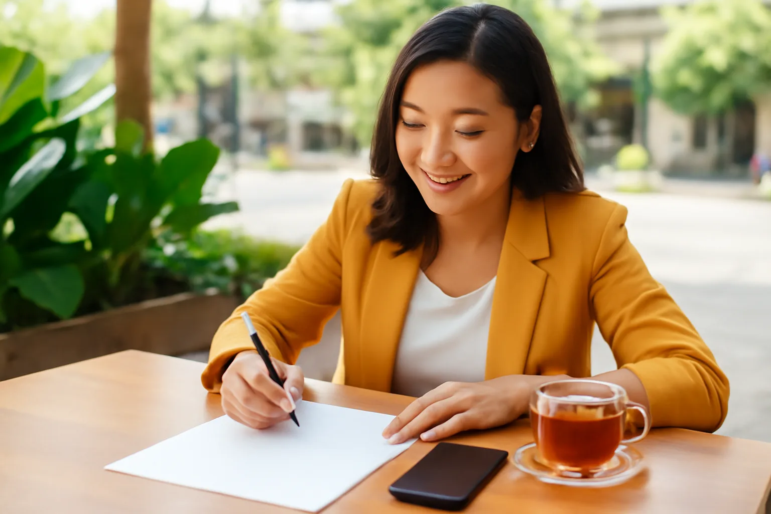 Người phụ nữ ngồi ở quán cà phê cầm điện thoại úp và bút, bên cạnh bản hợp đồng đặt cọc