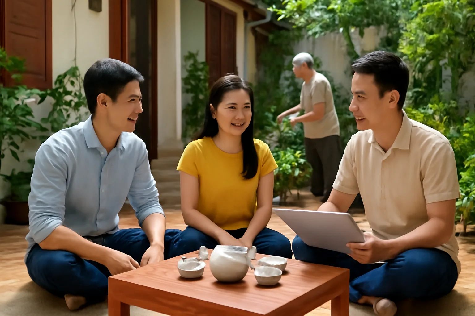 Ba anh chị em ngồi quanh bàn trà trong sân nhà cùng bàn chuyện giấy tờ của mẹ