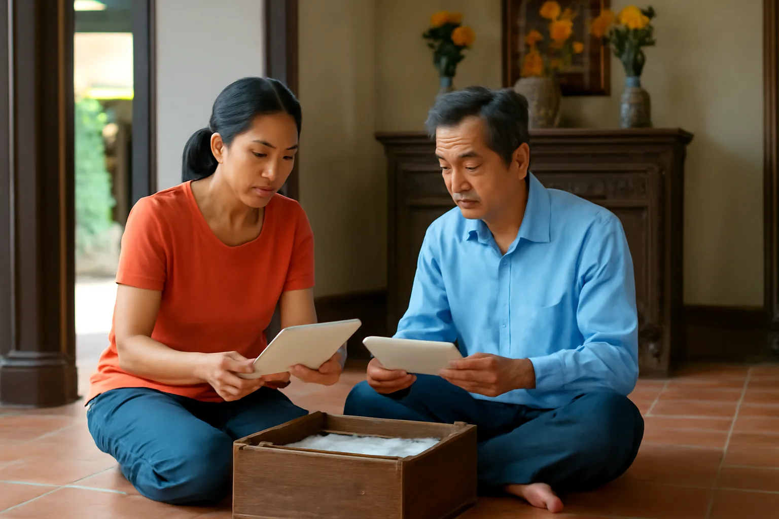 Hai anh em trung niên ngồi trên nền gạch nhà thờ họ, xếp lại hộp gỗ đựng giấy tờ gia đình