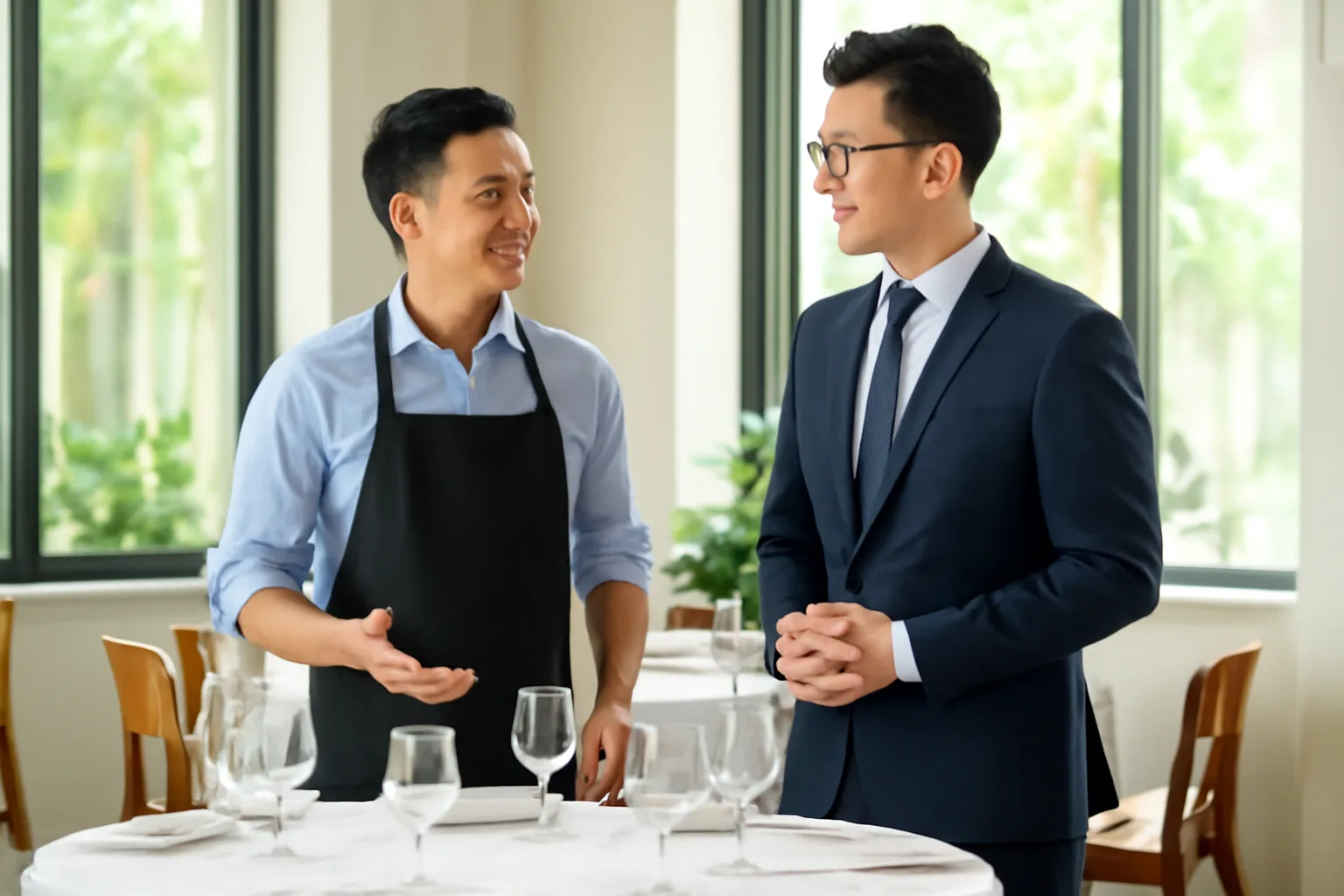 Quản lý nhà hàng trao đổi với khách đặt tiệc bên bàn tròn đã bày sẵn khăn trải và ly