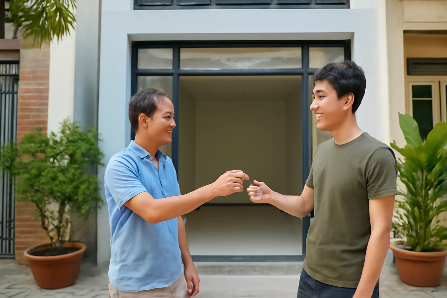 Chủ nhà trung niên đứng trước tầng trệt nhà phố đã cho thuê, trao chìa khoá cho người thuê