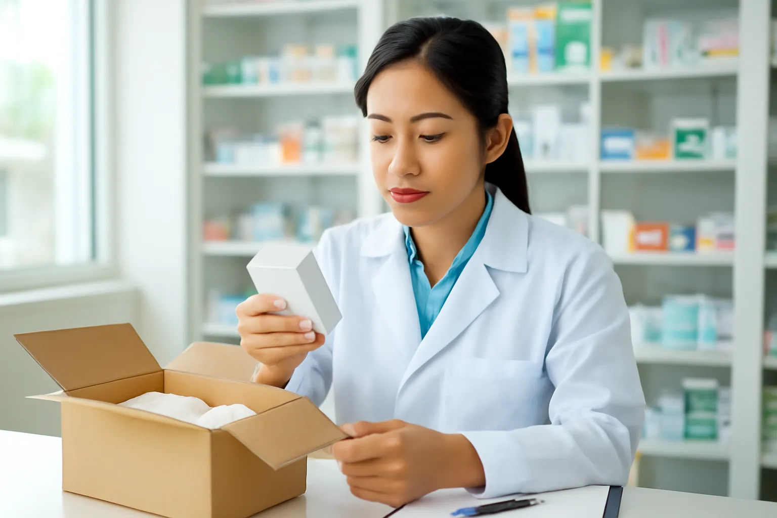 Dược sĩ đứng sau quầy nhà thuốc kiểm các hộp thuốc vừa giao, bên cạnh là thùng carton đã mở