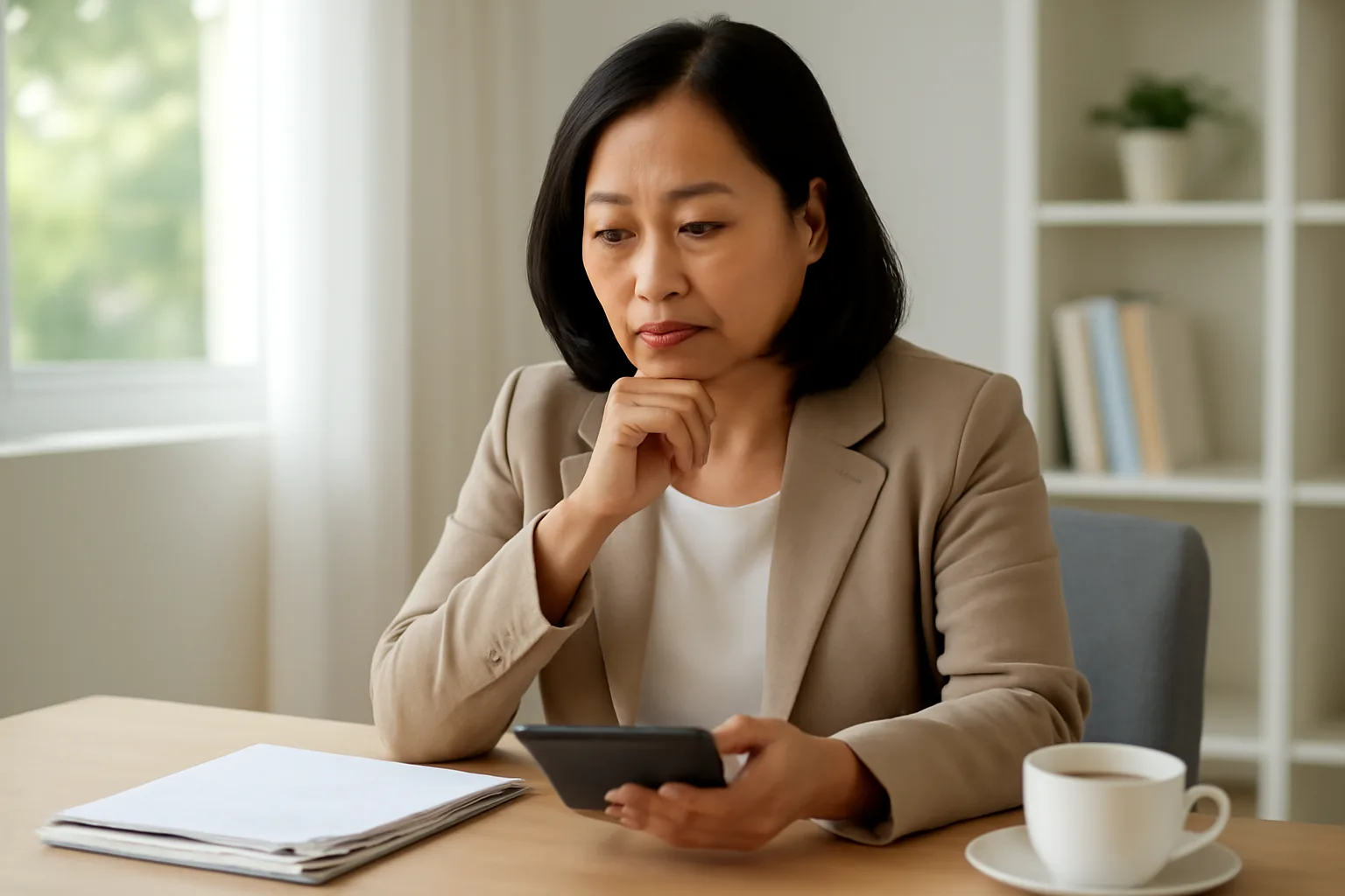 Chủ doanh nghiệp nhỏ ngồi ở bàn làm việc buổi sáng, cân nhắc bên máy tính bỏ túi và xấp chứng từ