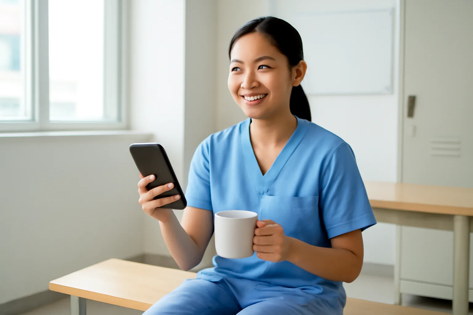 Nữ điều dưỡng ngồi nghỉ ở ghế phòng nhân viên bệnh viện, cầm điện thoại và cốc trà