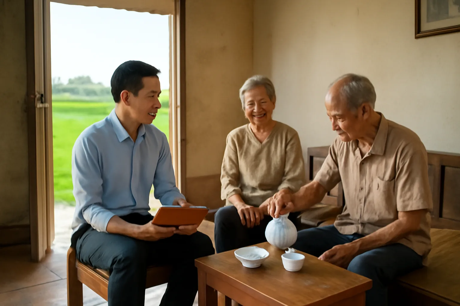 Người con đi làm xa về thăm cha mẹ ở nhà quê, ngồi trên giường gỗ với cặp hồ sơ