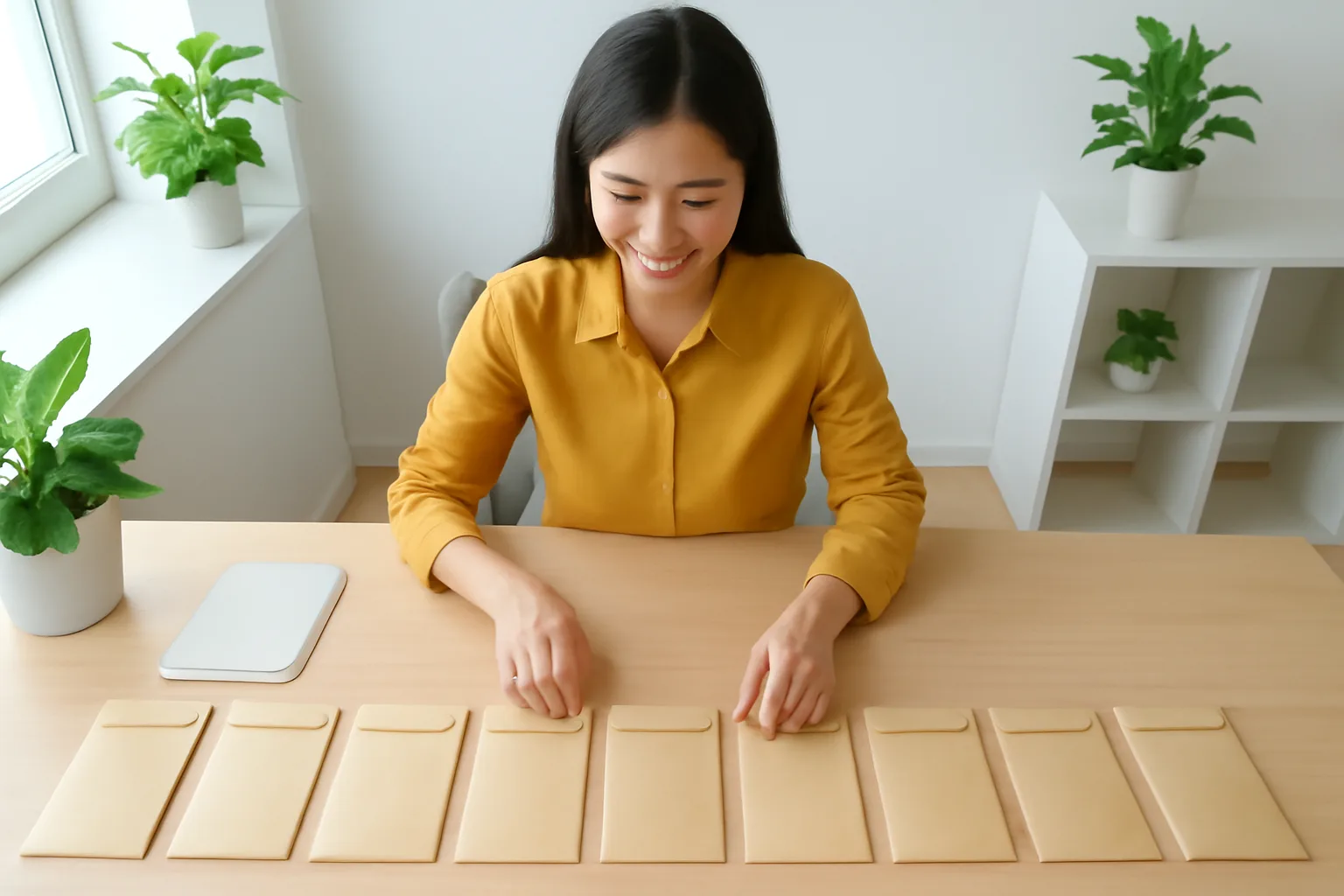 Nữ kế toán xếp các phong bì hồ sơ theo tháng thành hàng dài trên bàn, có một chỗ trống