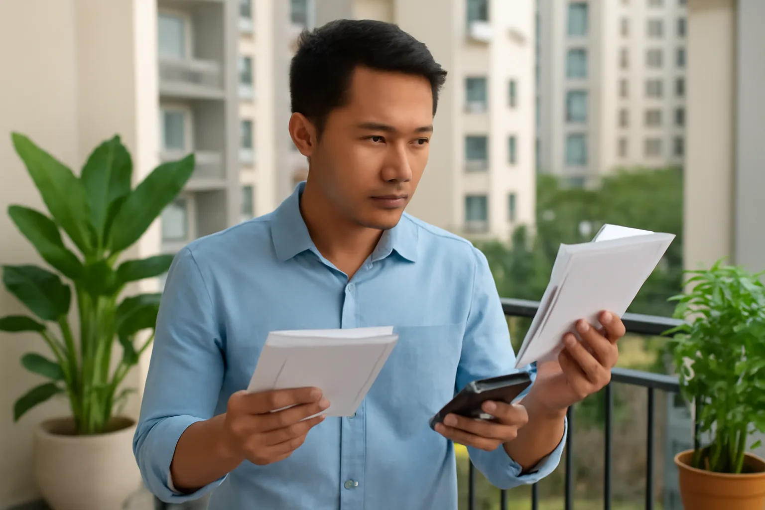 Người đi làm văn phòng ngồi ở ban công căn hộ, so phiếu lương của hai nơi làm với máy tính bỏ túi