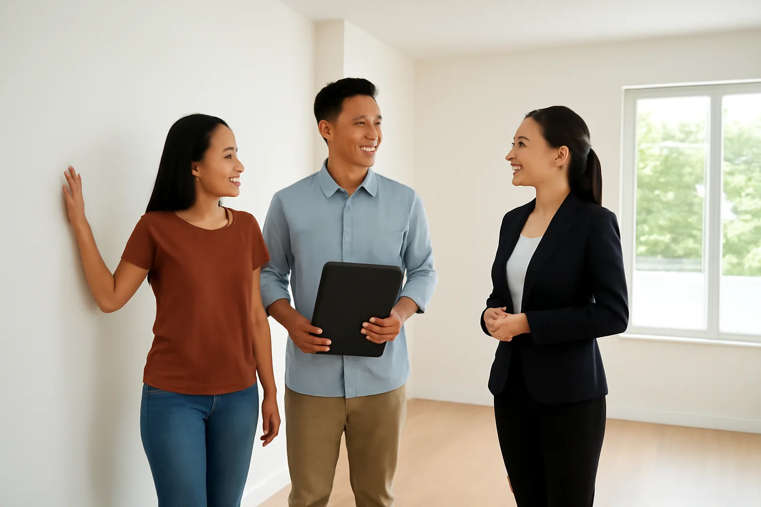 Cặp vợ chồng trẻ đi xem một căn nhà phố trống cùng người môi giới, người chồng cầm cặp hồ sơ