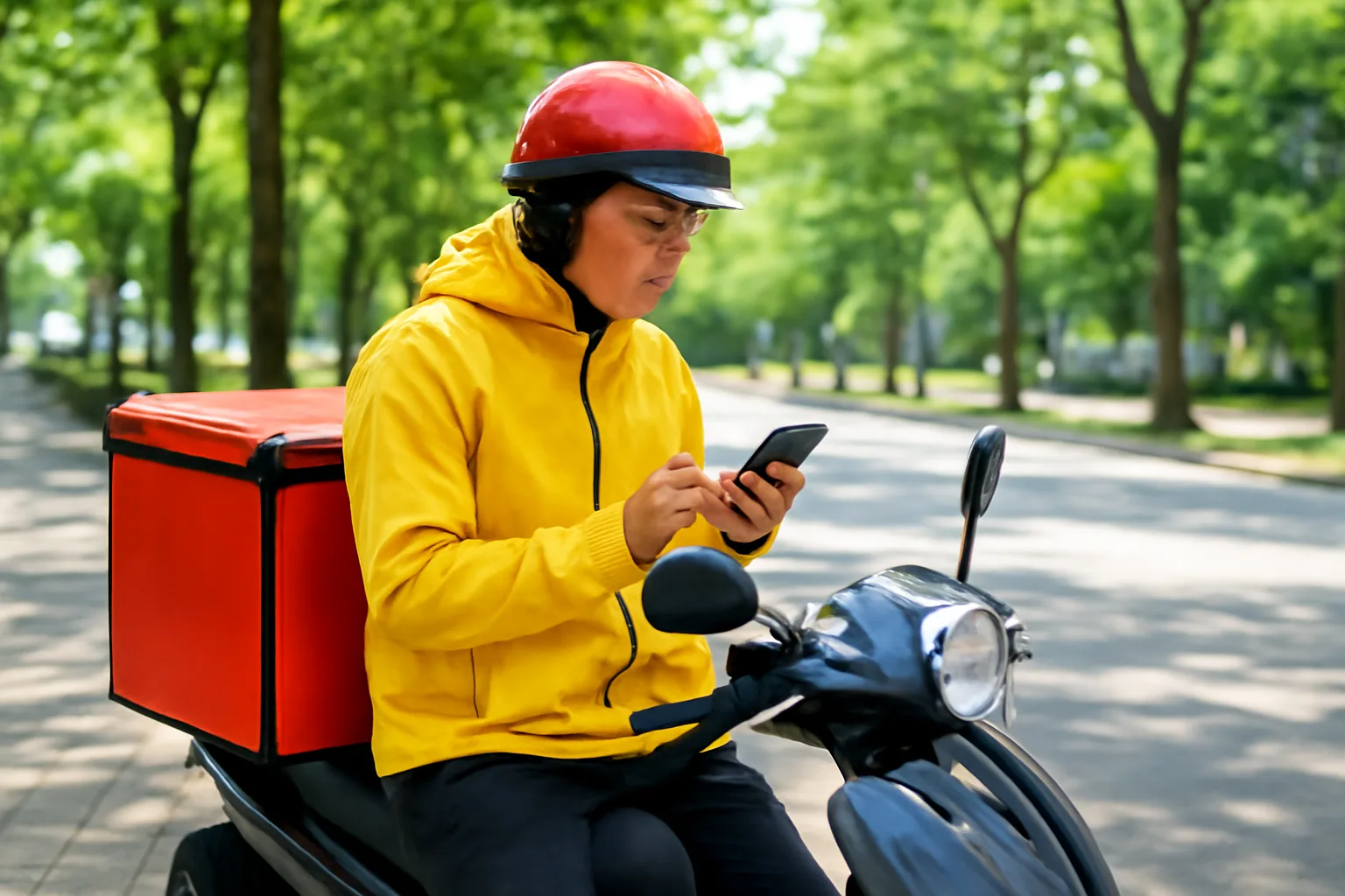Tài xế xe máy mặc áo khoác đồng phục dừng bên lề đường xem điện thoại, thùng giao hàng phía sau