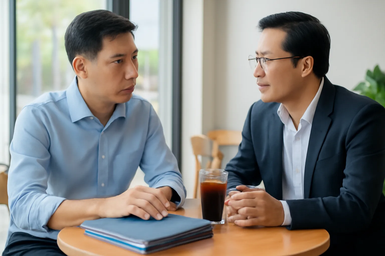 Hai người chủ doanh nghiệp ngồi đối diện ở quán cà phê yên tĩnh, bàn bạc bên xấp hồ sơ