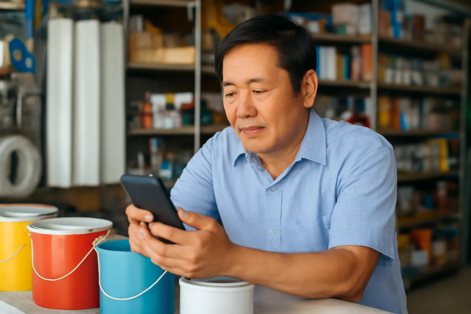 Chủ cửa hàng nhỏ đọc thư trên điện thoại bên quầy hàng lúc vắng khách buổi trưa