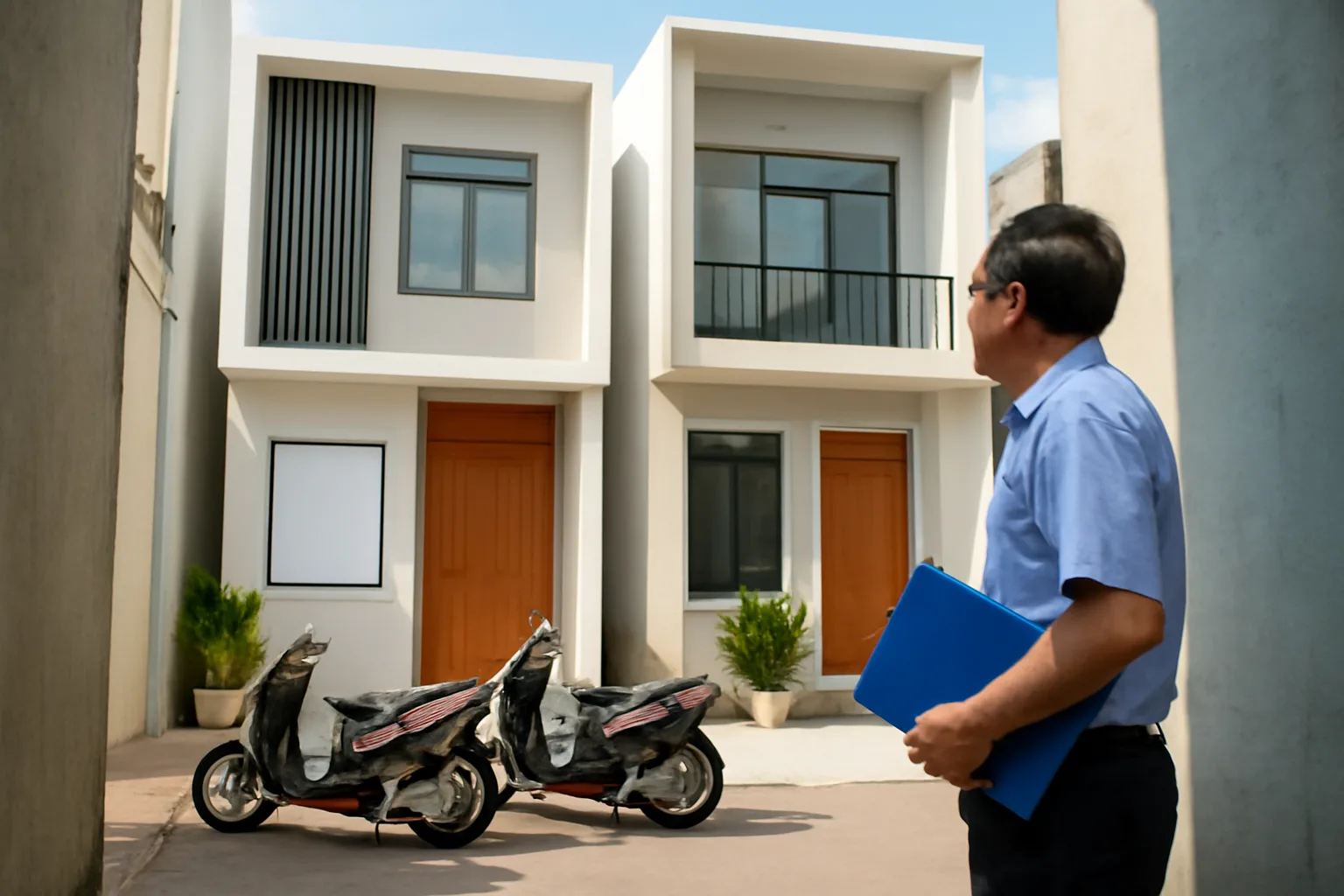 Người đàn ông đứng ở đầu hẻm nhìn về phía hai ngôi nhà liền kề, tay cầm tập giấy tờ
