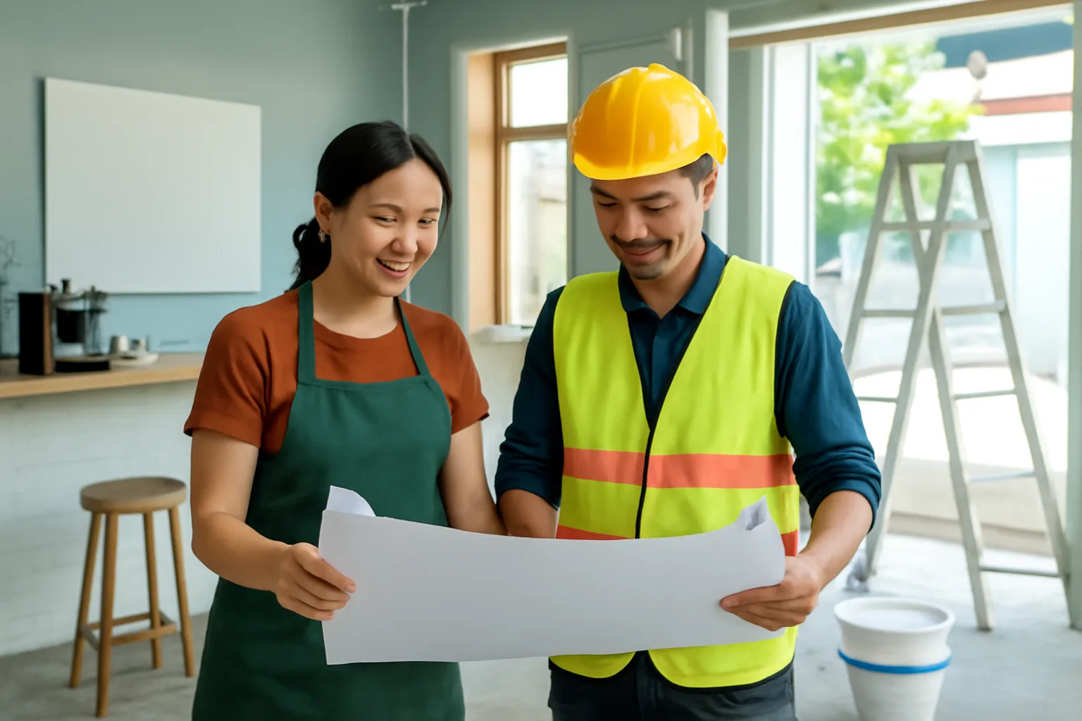 Chủ quán cà phê và trưởng nhóm thợ đứng giữa mặt bằng đang thi công, cùng xem bản vẽ cuộn